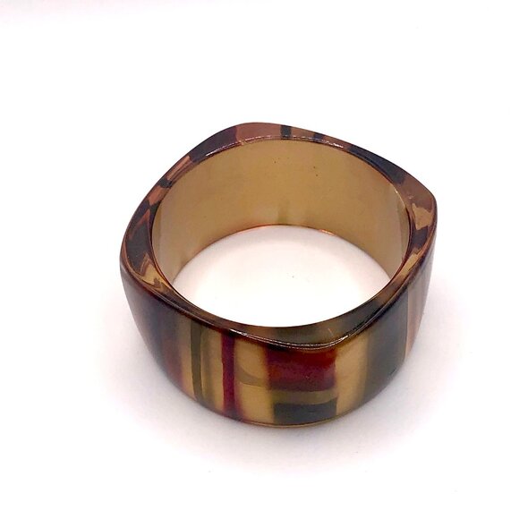 Chunky Striped Lucite Style Square Bangle Bracelet Amber Gold Burgundy Green - Picture 13 of 14